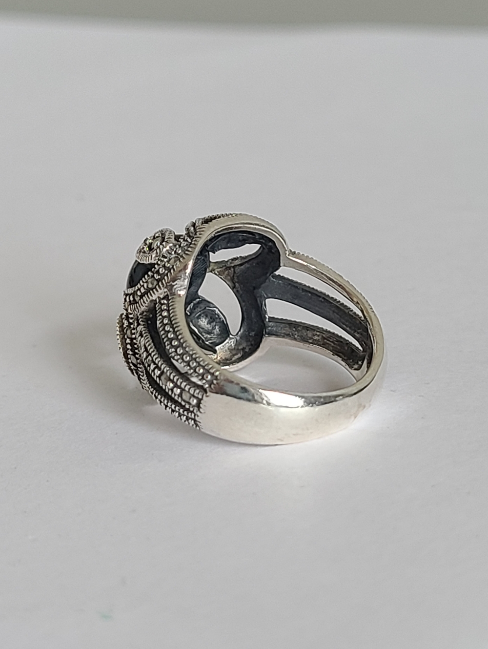 Vintage Boho Sterling Silver Black Onyx Floating Cabochon Marcasite Crystal Ring - Picture 7 of 14
